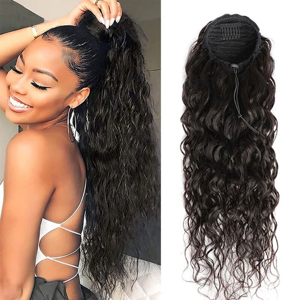 Water Wave Human Hair Ponytail 16 Inch Black Curly Extensions for Women
